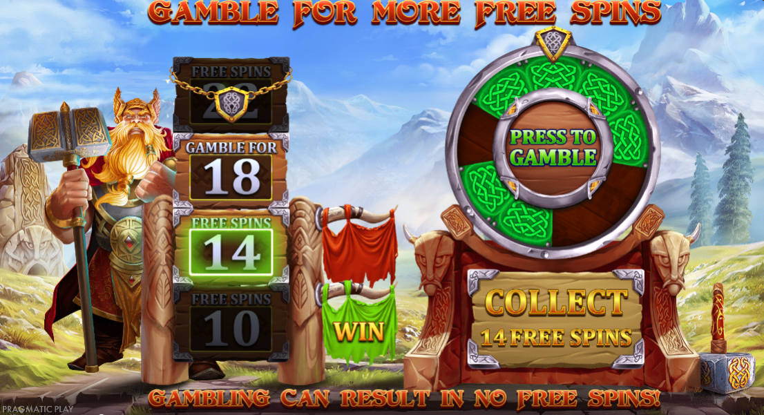 Free spins gamble screen with a green and brown wheel, the current 14 spins up for a coin-flip toward a longer round or a safe collect.