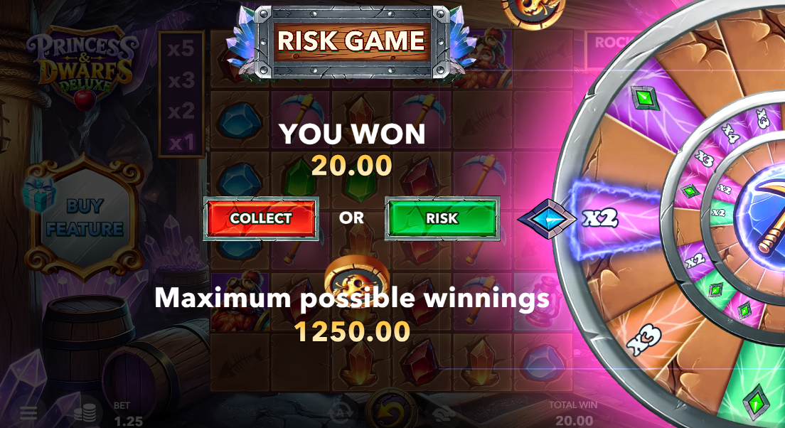 The Risk Game prompt after a win, a tiered multiplier wheel on the right and the choice to bank 20.00 or spin for more
