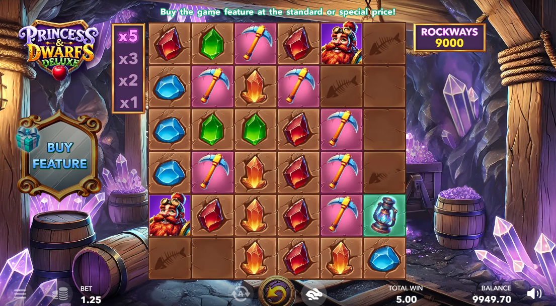 Princess & Dwarfs Deluxe with the Rockfall multiplier maxed at x5, the base game's ceiling.