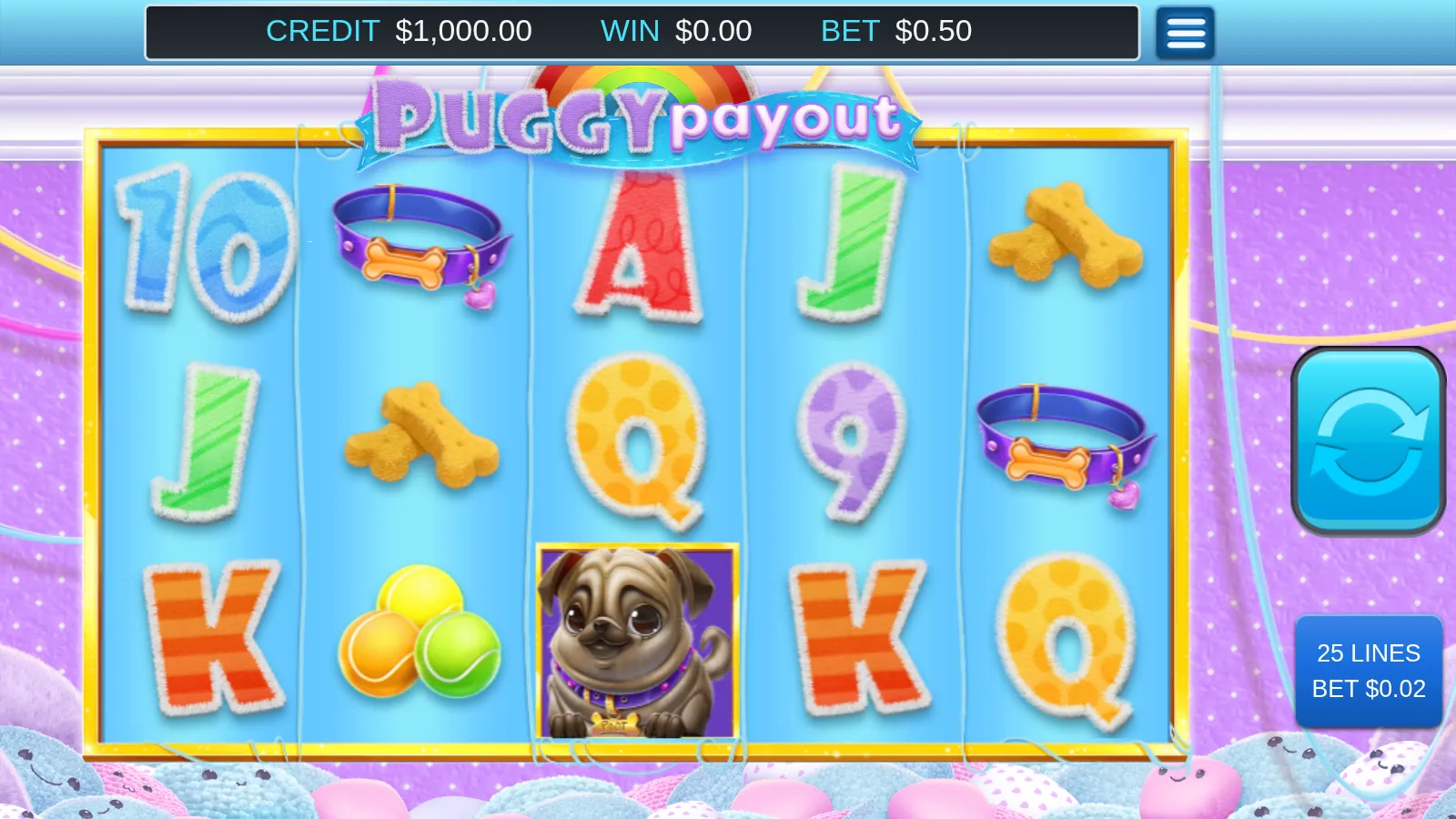 Puggy Payout base board showing the collar, bone biscuits, tennis balls and the Pug symbol