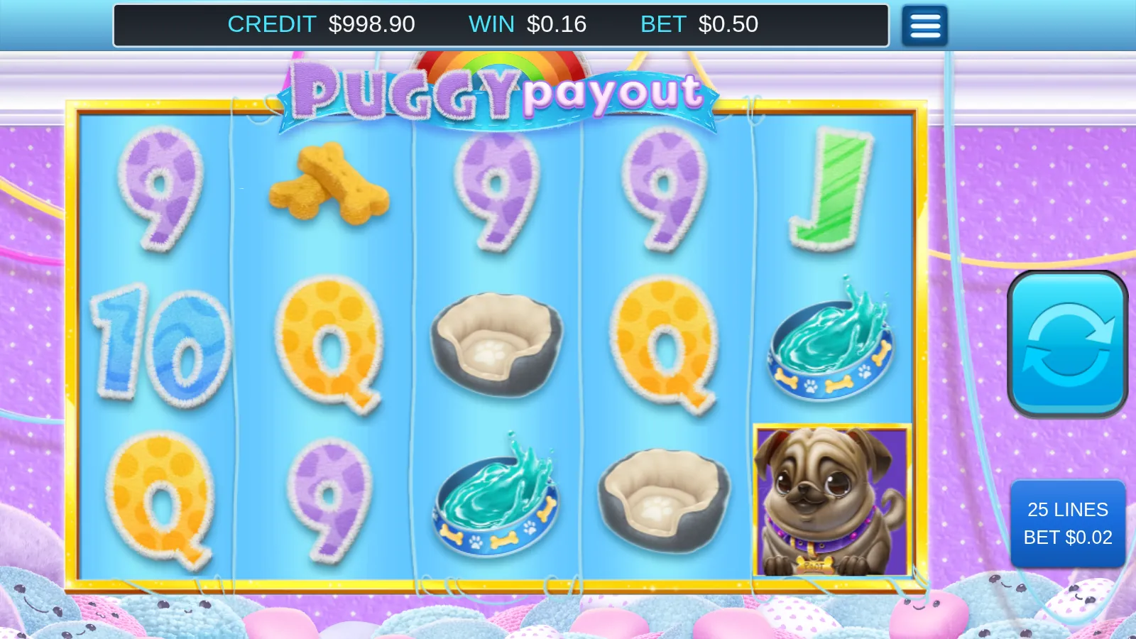 Puggy Payout 5x3 board with a single Pug scatter on reel 5 and the 25 lines panel beside the reels
