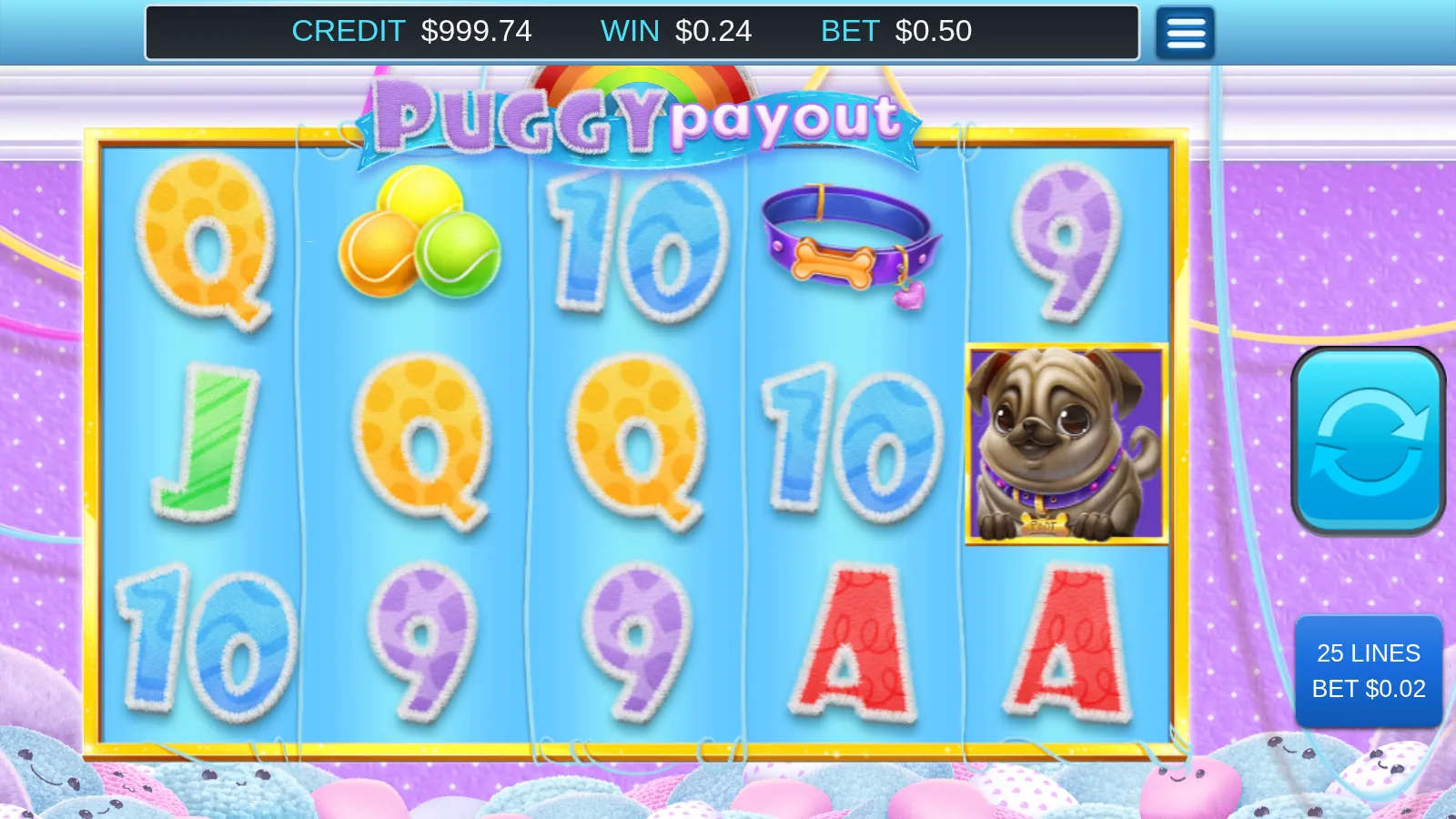 Puggy Payout reels settled after a spin with a Pug scatter on reel 5