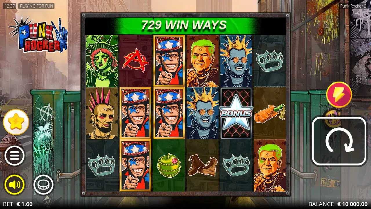 Punk Rocker 2 base board with the 729 win ways banner, stacked Uncle Sam monkey symbols and a Bonus star on reel 5