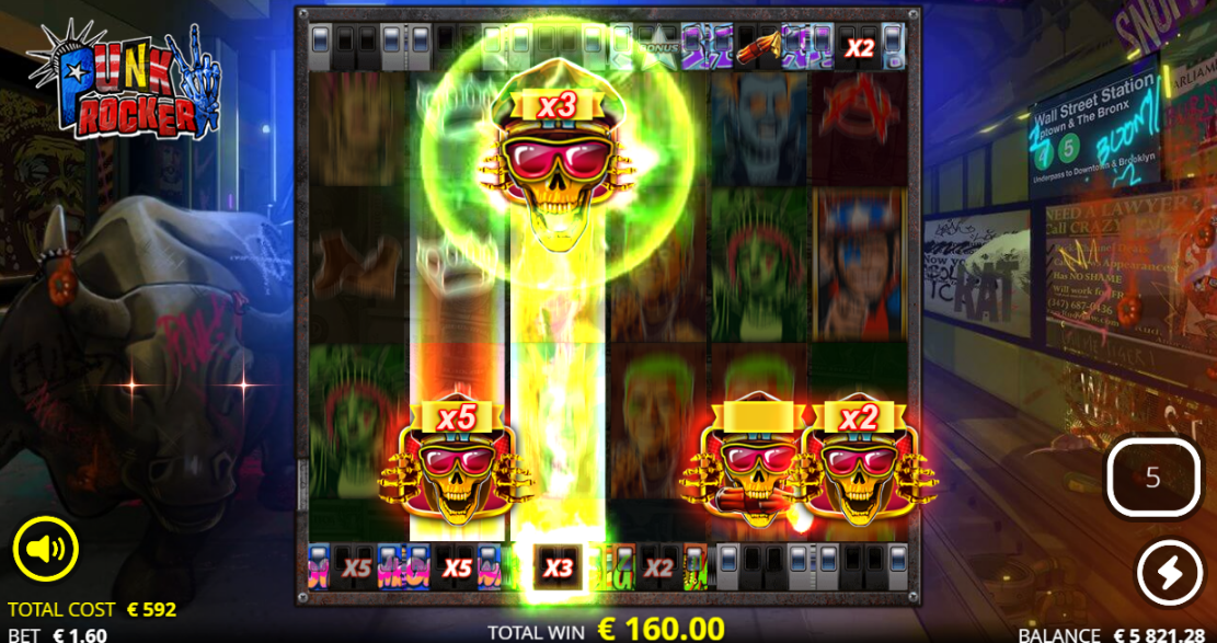 Punk Rocker 2 with a Jumping Wild lit on the middle reel, the bottom train carrying x5 and x3 multipliers and the top train a Molotov and x2, skull Wilds paying across the board for 160.00 at a 1.60 bet.