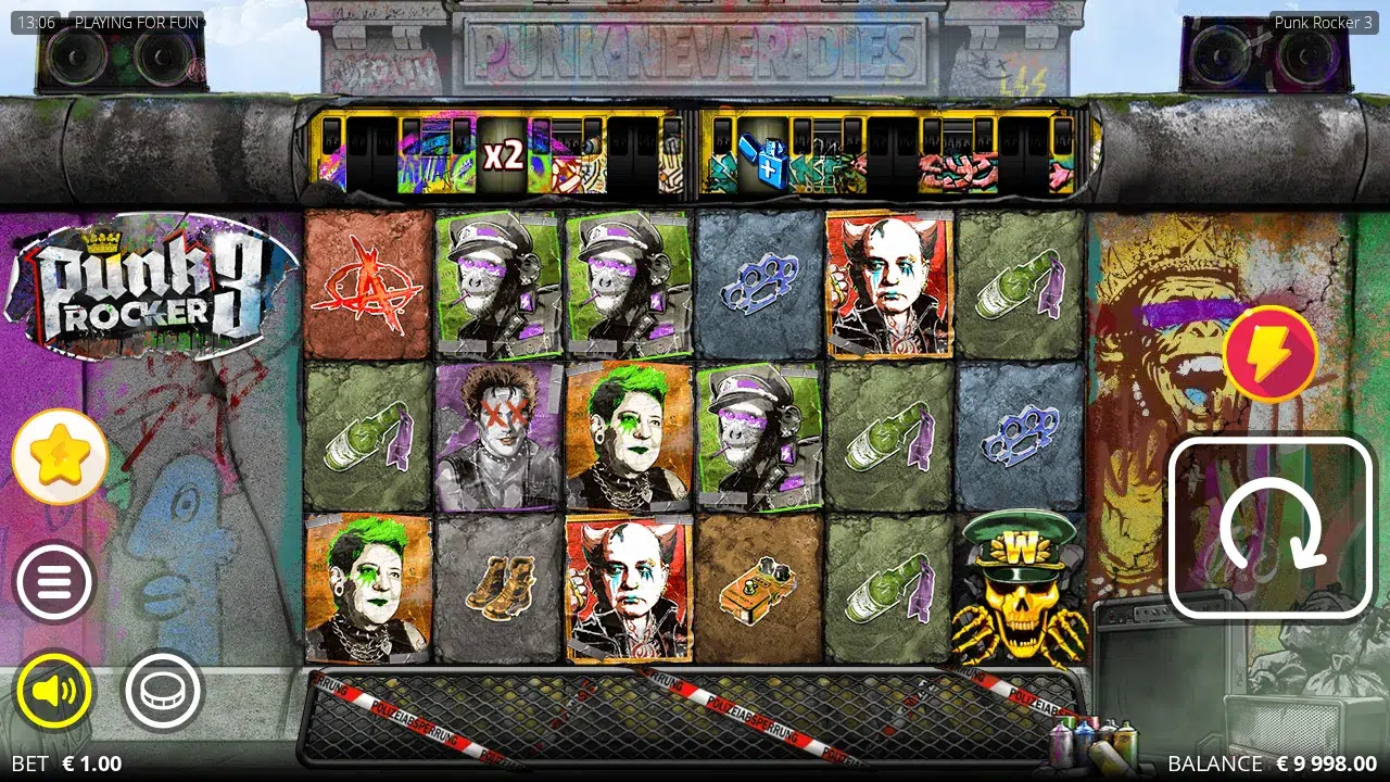 Punk Rocker 3 reels with a Wild skull on reel 6 and an x2 Multiplier carriage on the Enhancer Train above