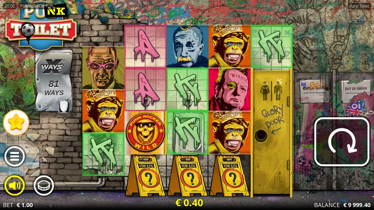 Punk Toilet reels with a skull Wild on reel 2, three locked Urinal cells and the closed Glory Door on reel 5