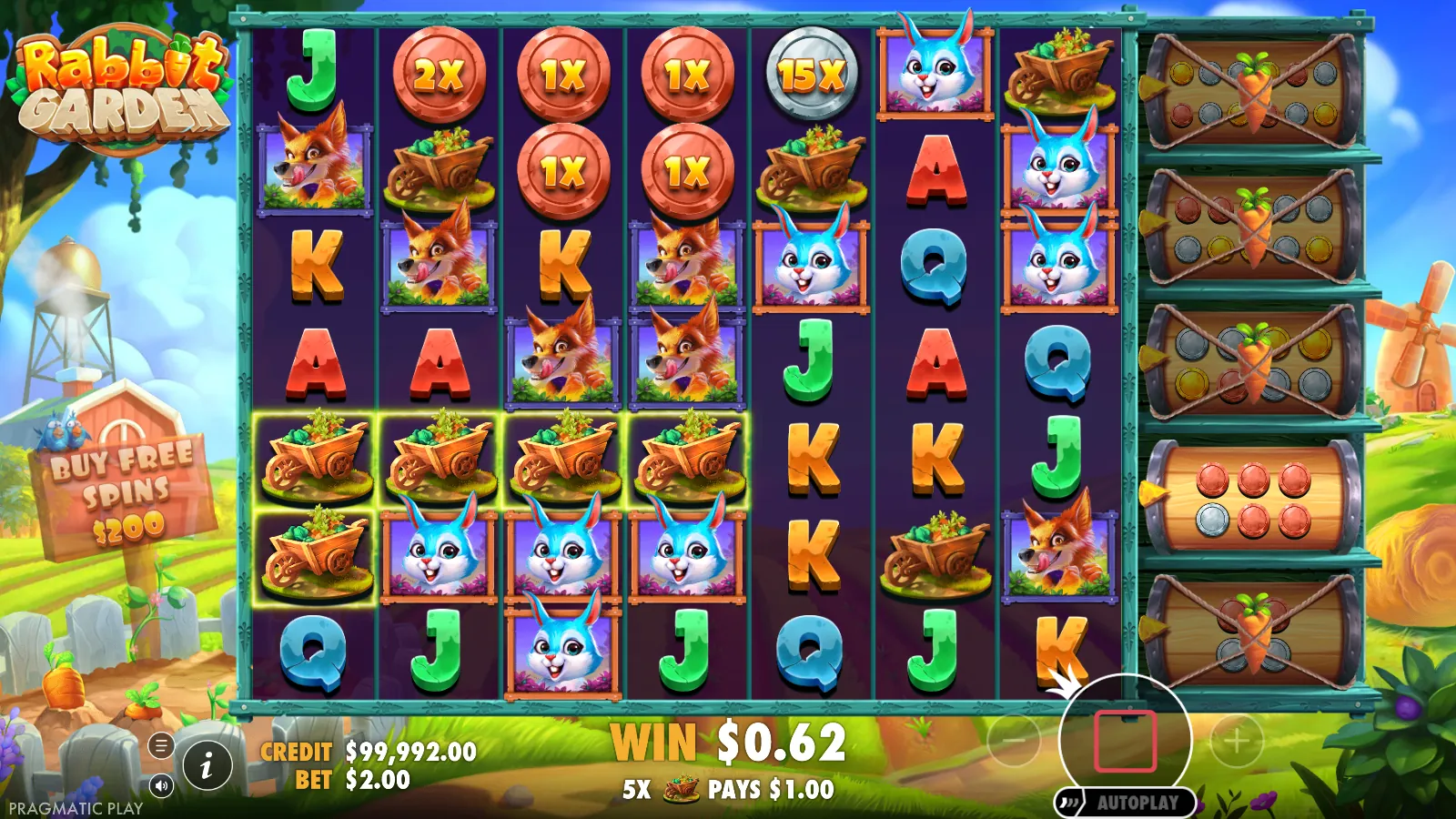 Rabbit Garden grid with a wheelbarrow block paying $1.00 and six uncollected coins on the top rows
