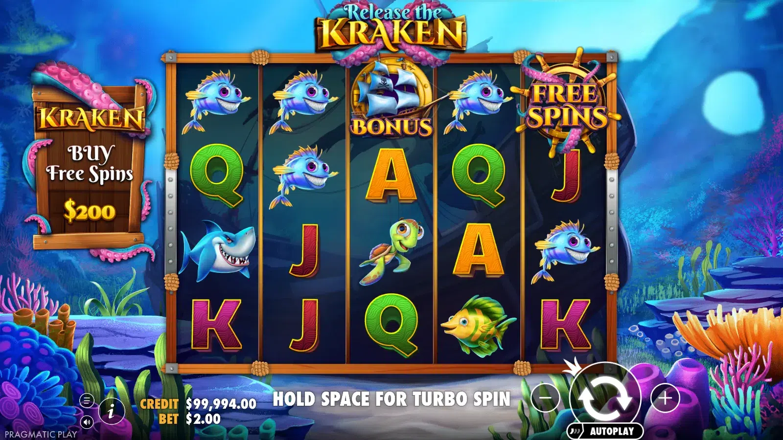 Release the Kraken reels showing a bonus ship on reel 3 and a ship's wheel on reel 5