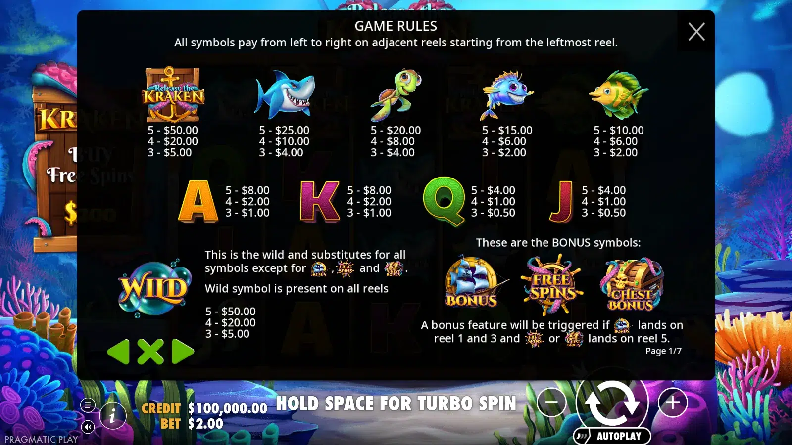 Release the Kraken paytable screen listing symbol values at a $2.00 bet