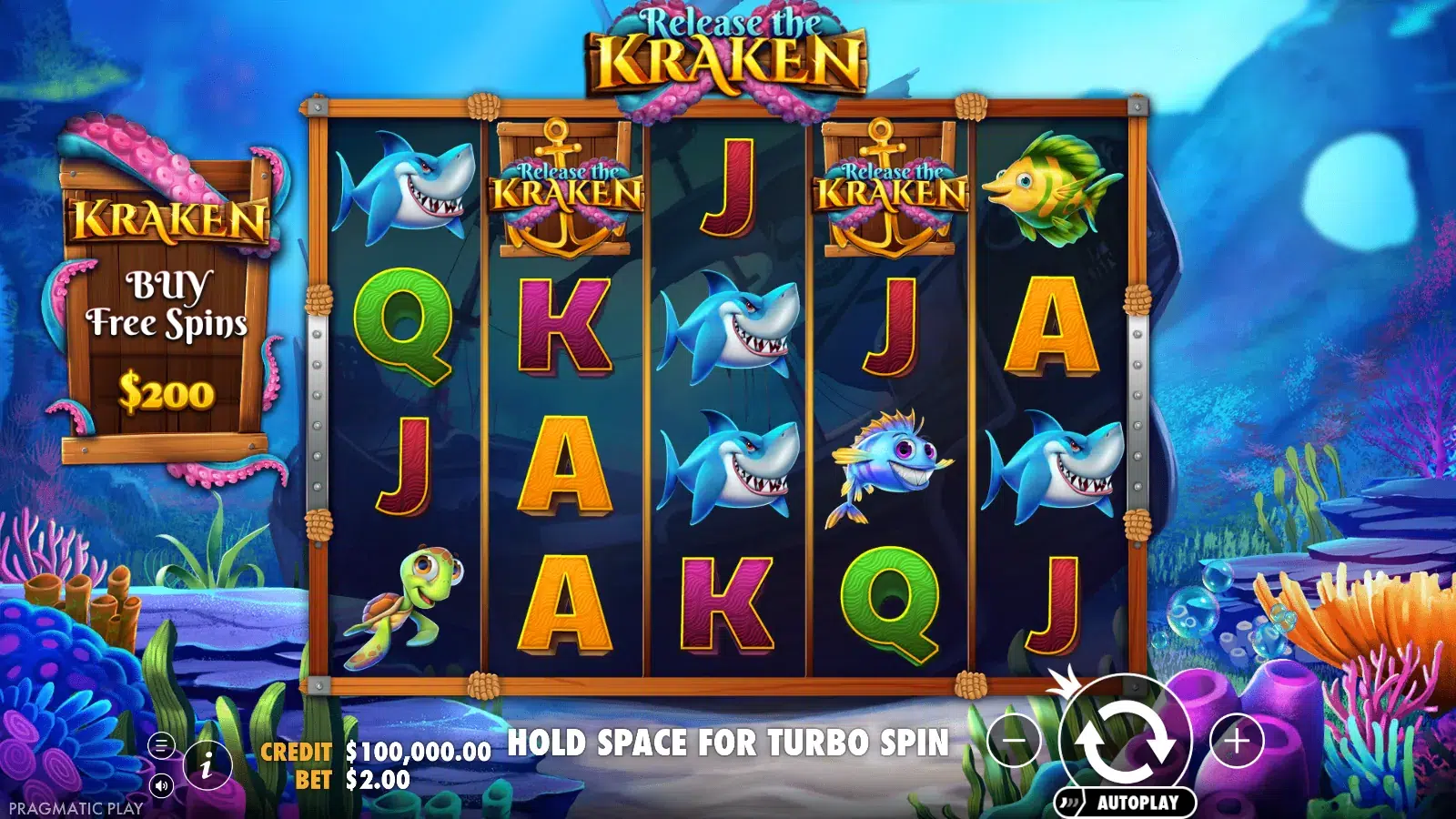 Release the Kraken 5x4 reels in standard play with the Buy Free Spins plaque beside them