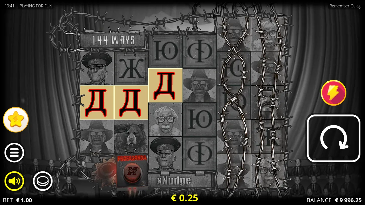 Remember Gulag reels with three Д symbols winning on reels 1 to 3 and reels 5 and 6 locked under barbed wire
