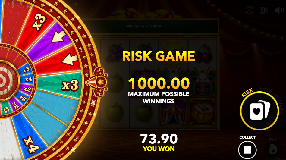 Joker's Wild Chaos gamble wheel with multiplier and arrow segments and a 1000.00 maximum shown