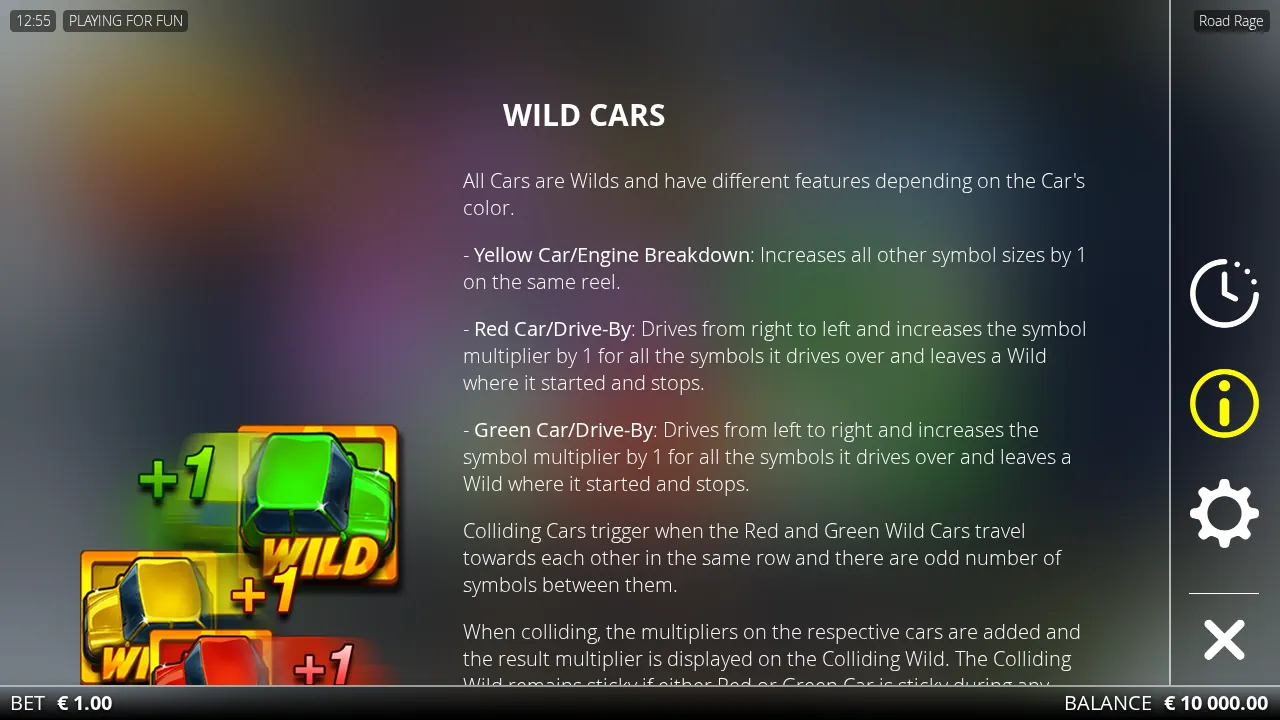 Road Rage Wild Cars rules screen showing the yellow, red and green cars with +1 flashes
