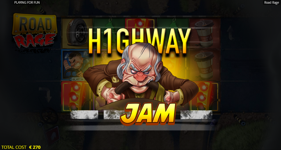 Road Rage Highway Jam feature triggering, a scowling old driver gripping the wheel as the title fills the screen