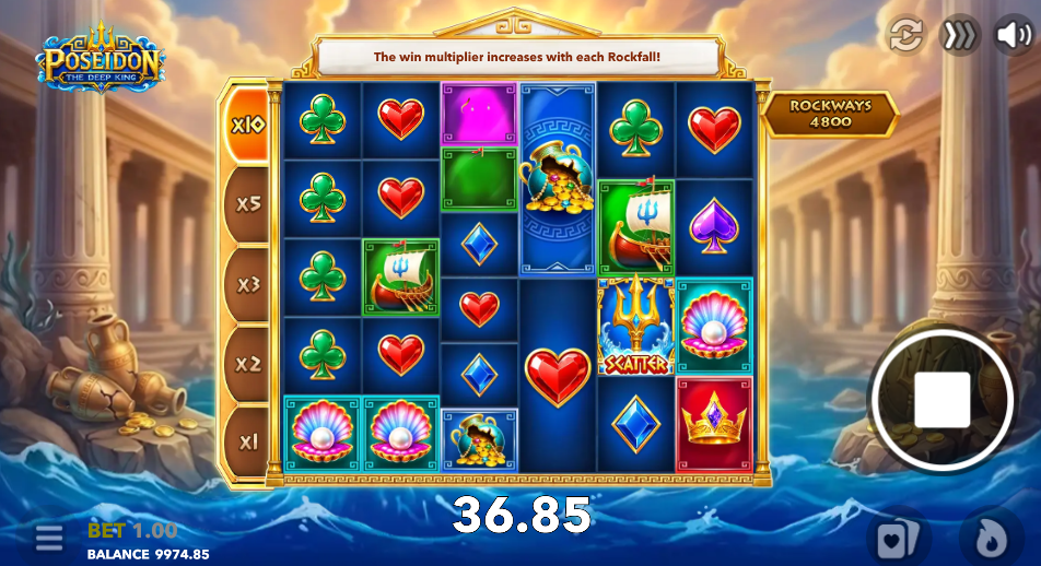 Poseidon The Deep King base game showing a 36.85 win with the multiplier ladder on the x10 step