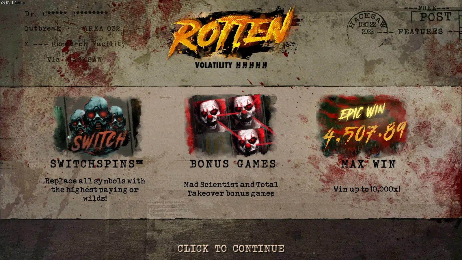 Rotten splash envelope postmarked December 2022 with three feature cards