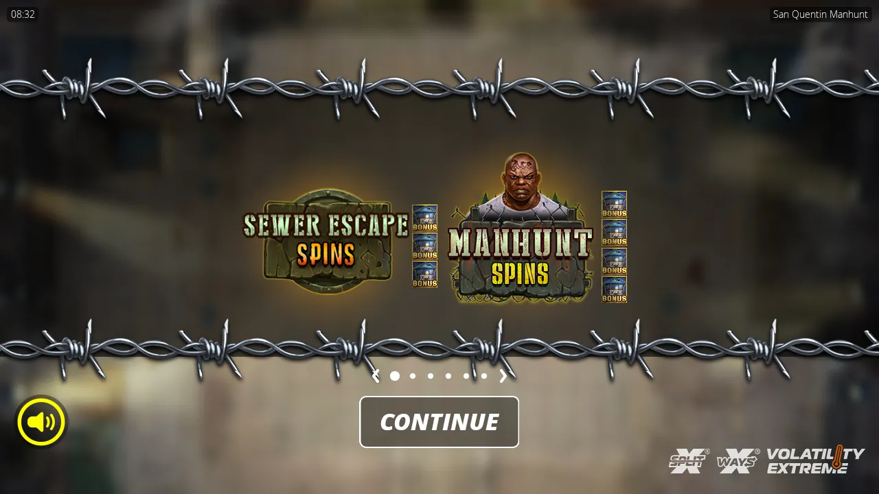 San Quentin Manhunt splash screen with the Sewer Escape Spins and Manhunt Spins logos and their Bonus tower triggers