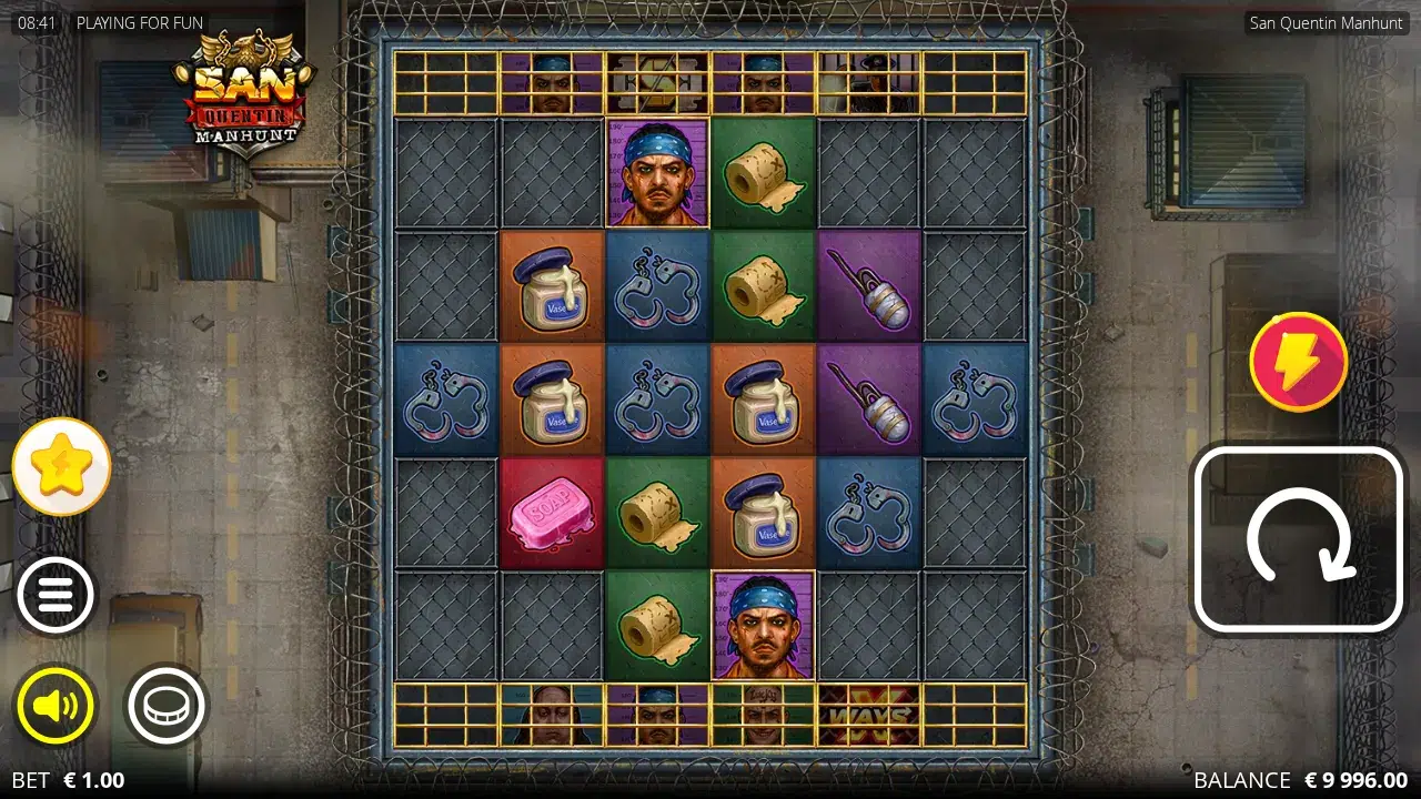 San Quentin Manhunt board with an 18-cell diamond of prisoners and objects and an xWays symbol in a locked Enhancer Cell