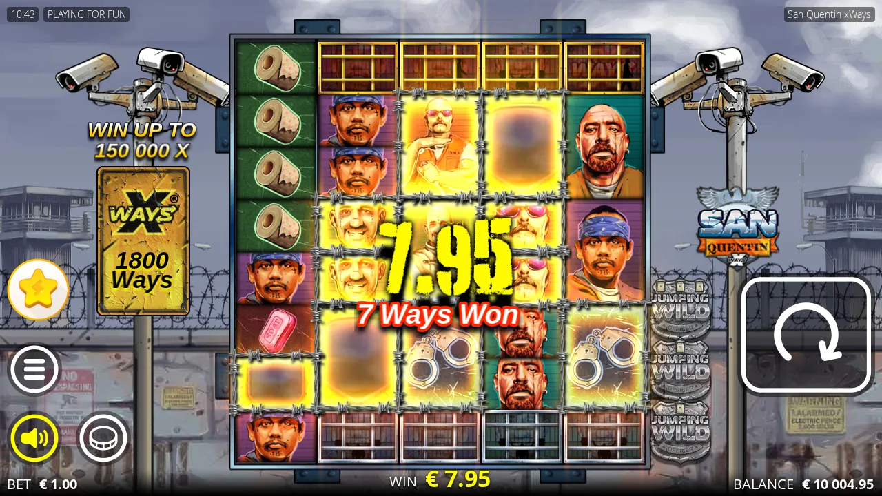 San Quentin reels resolving a seven-way win with the ways counter reading 1,800
