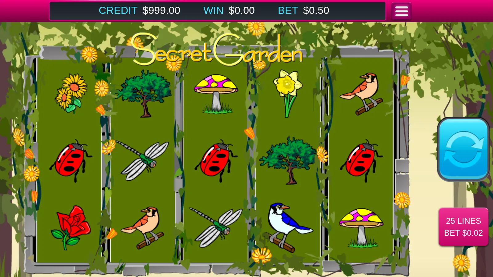 Secret Garden reels with a single Red Rose scatter on the first reel among ladybirds and dragonflies
