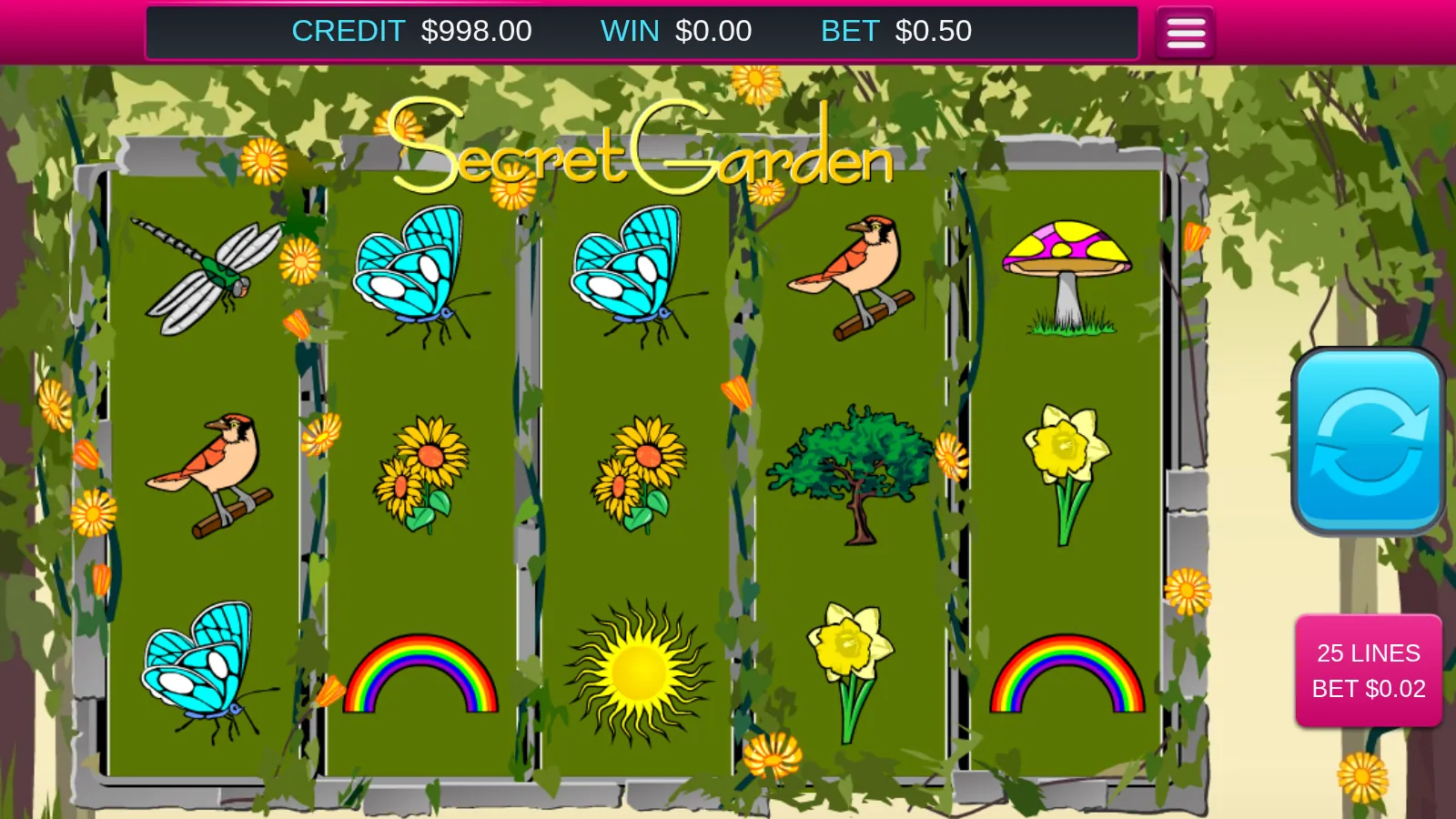 Secret Garden reels showing butterflies, sunflowers, two rainbows and a sun after a spin
