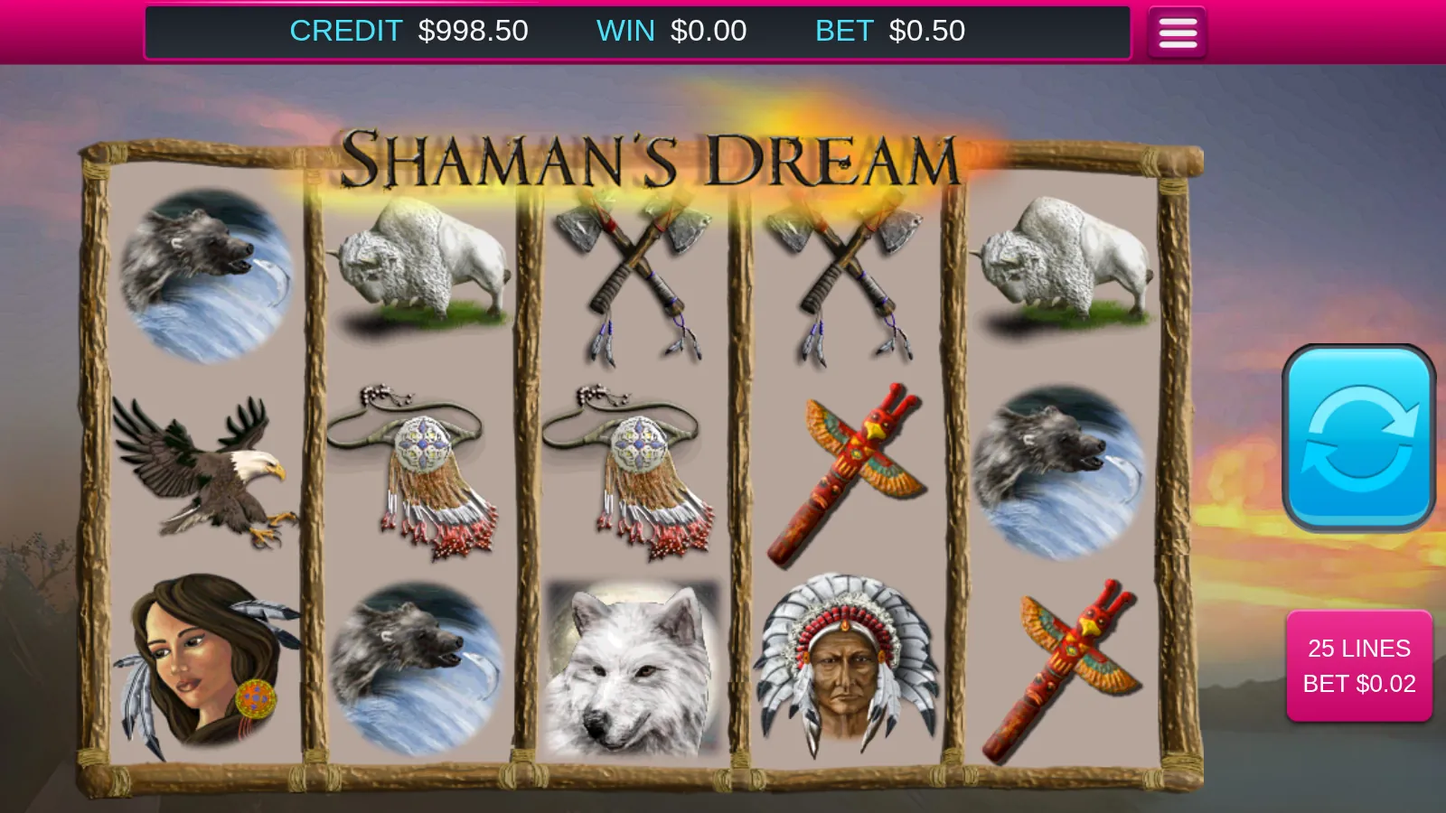 Shaman's Dream reels with the white Wolf wild on the middle reel and two beaded pouch symbols above it