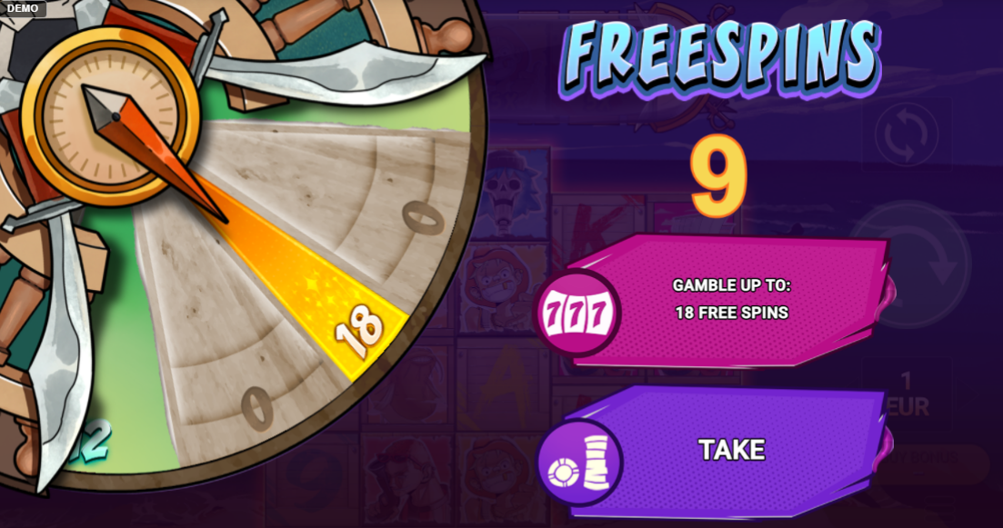Shippy D Pop Pirate Wheel gamble, 9 free spins on offer with a pink panel to gamble up to 18 or a purple Take button