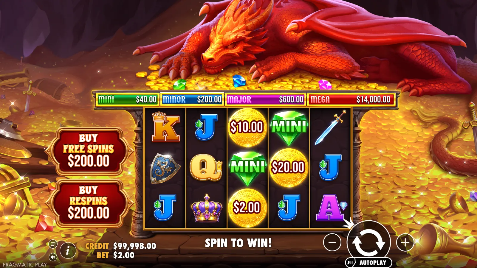 Sleeping Dragon reels at rest with money coins and a Mini gem on the grid under the sleeping dragon