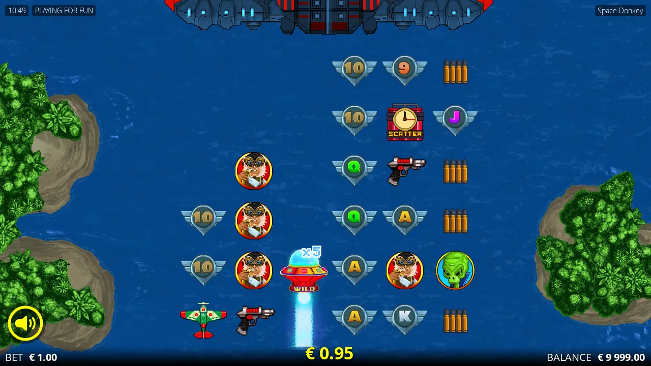 Space Donkey board with an x5 Abduction Wild beaming down reel 3 over an 8-bit ocean