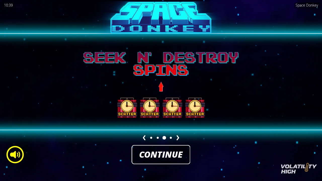 Space Donkey splash screen showing four Scatters under the Seek N' Destroy Spins title