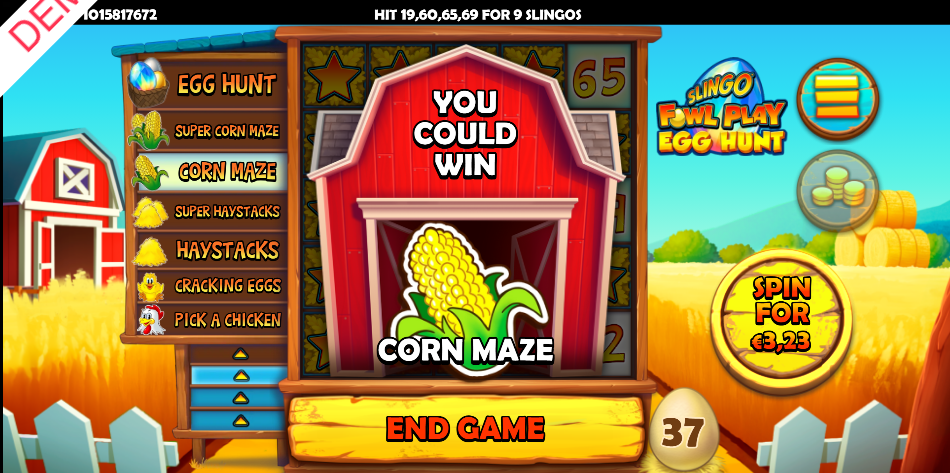 The barn preview showing Corn Maze as the next bonus with a Spin For price of 3.23 euros
