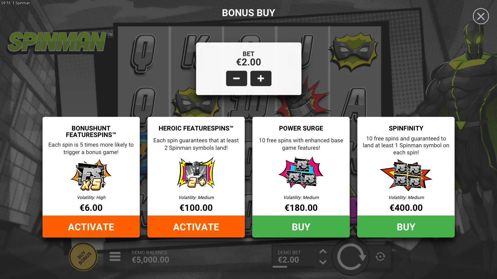 Spinman bonus buy panel with four options