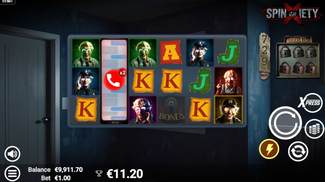 Spinxiety Creeping Wild on reel 2 carrying an x2 multiplier, torn-photo character symbols around it and a win of 11.20 at a €1.00 bet