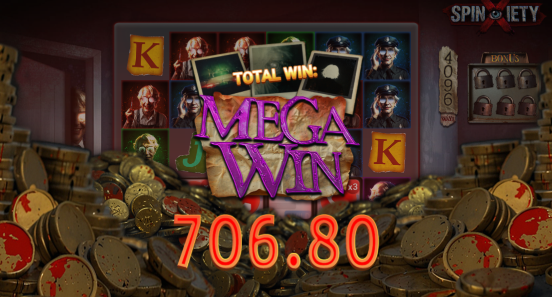 Spinxiety Mega Win paying 706.80 on a €1.00 bet, coins piled across the screen after a bonus round that stacked four sticky wilds