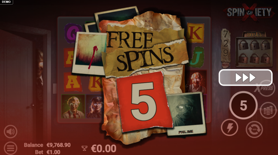 Spinxiety free spins award screen, a torn note reading Free Spins over a red 5 card, character photos faded behind it.