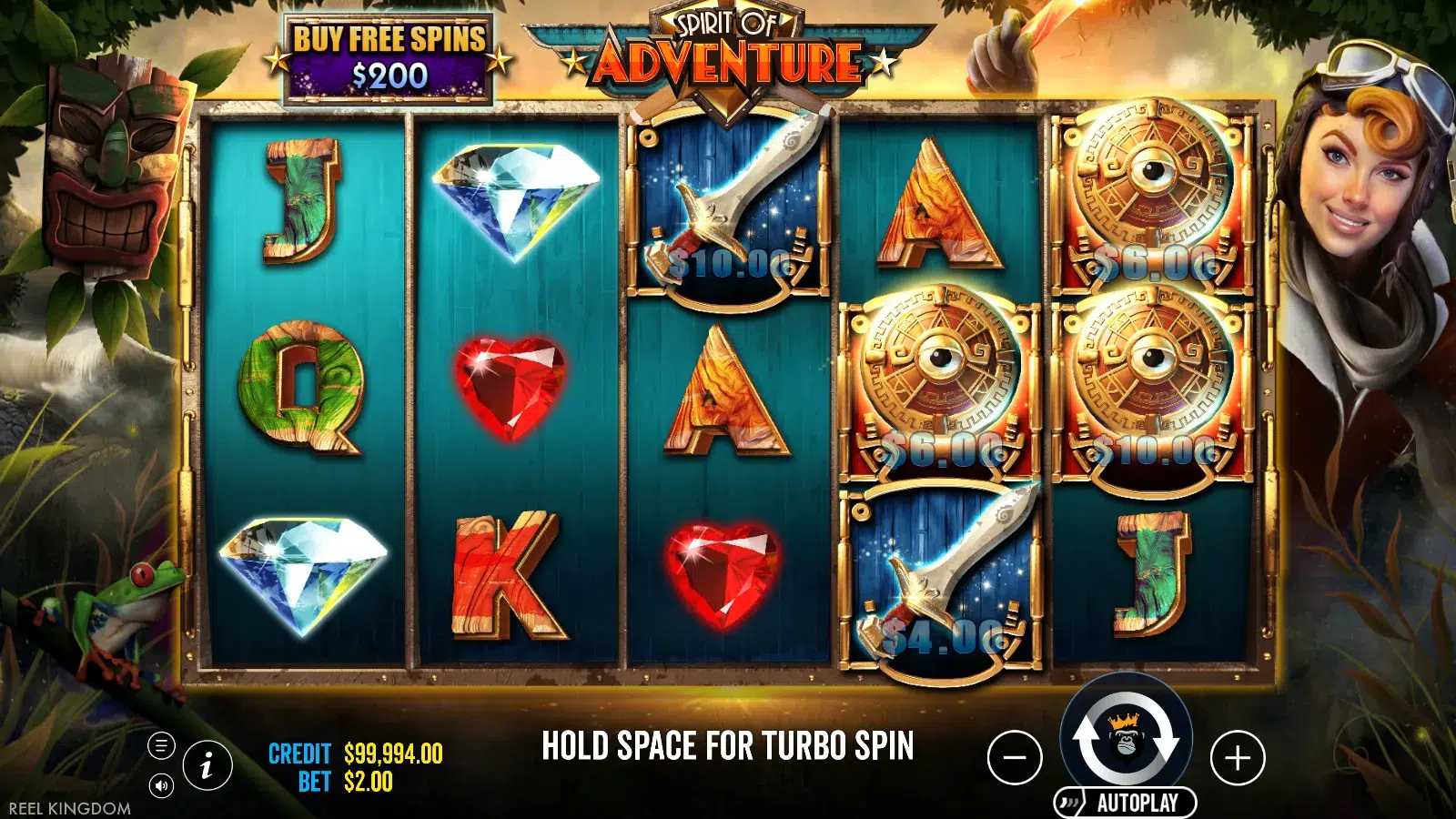 Spirit of Adventure reels showing five relic symbols with cash values and no win
