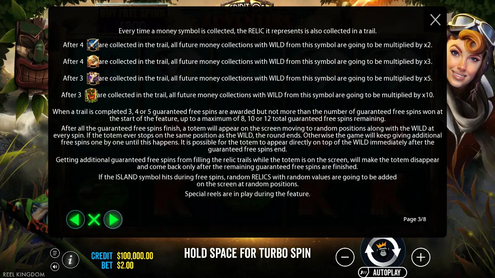 Spirit of Adventure rules screen listing the relic trail multipliers and the totem end-of-round rule