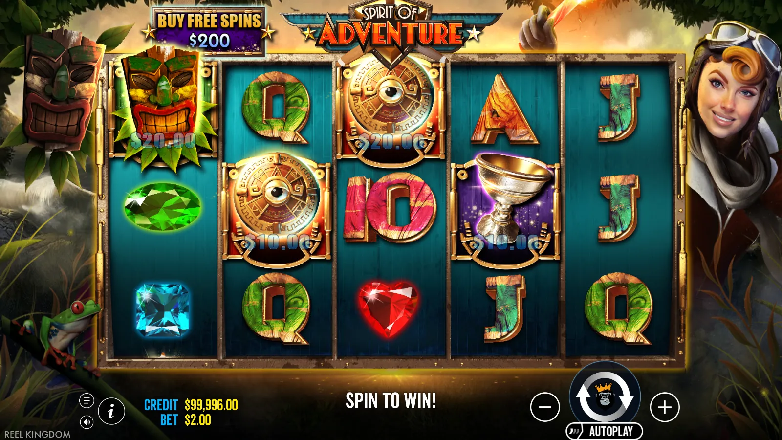 Spirit of Adventure reels with four relic symbols carrying cash values and the Buy Free Spins plaque above reel 1