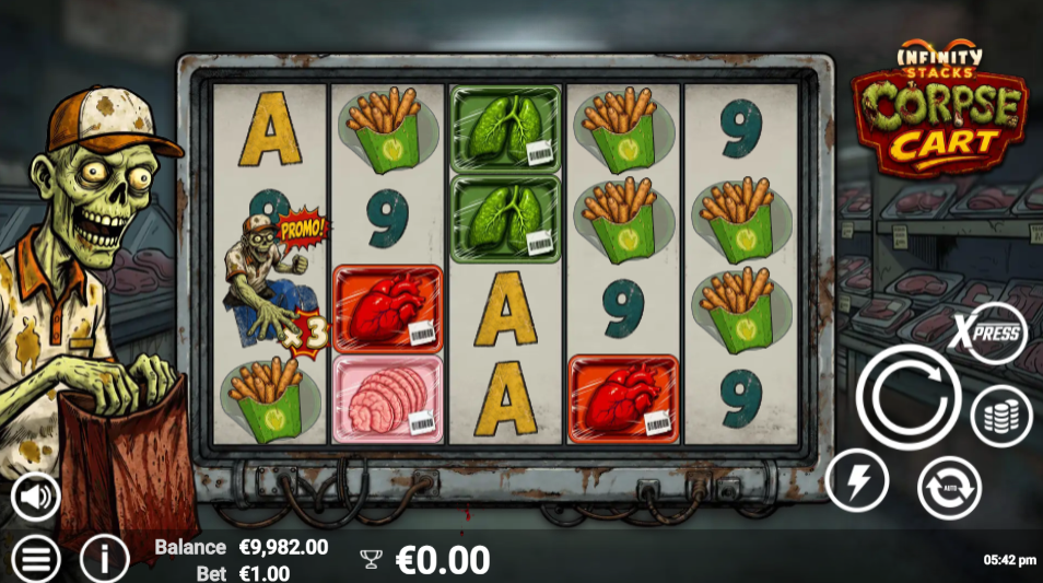 A small zombie slaps a 3x promo sticker onto a stacked cell in Corpse Cart