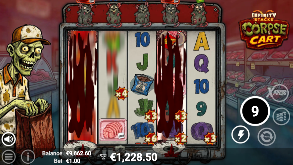 Corpse Cart free spins reels with mice above each column and locked x2, x3, x4 and x6 multipliers on the cells.