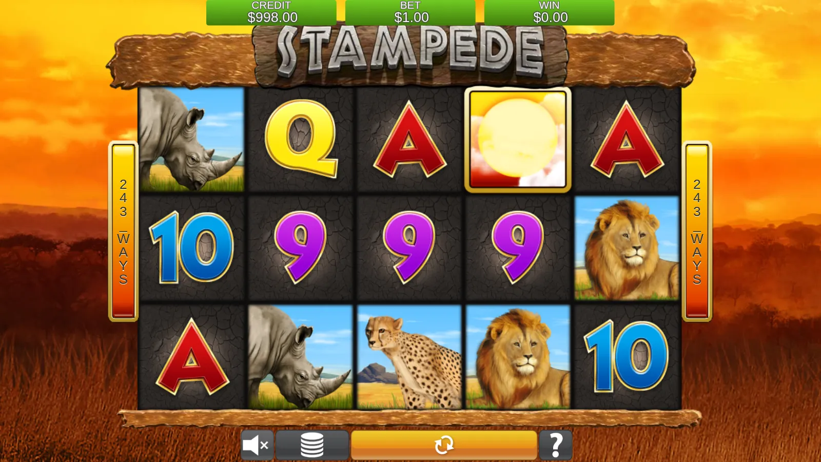 Stampede reels with the Sun wild symbol on reel 4 beside rhino, lion and royal symbols