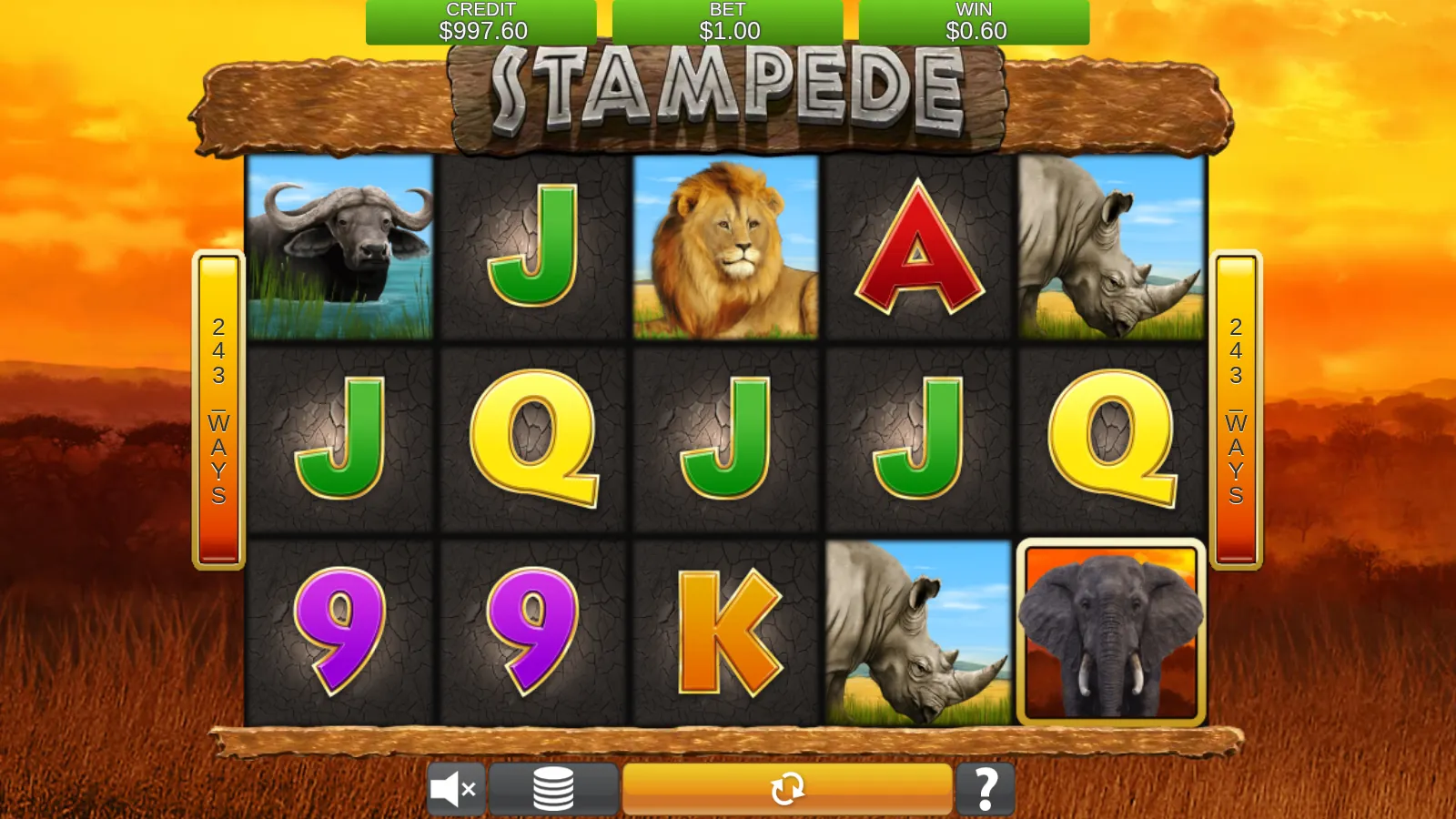 Stampede reels after a four-symbol J way win with an elephant scatter on reel 5