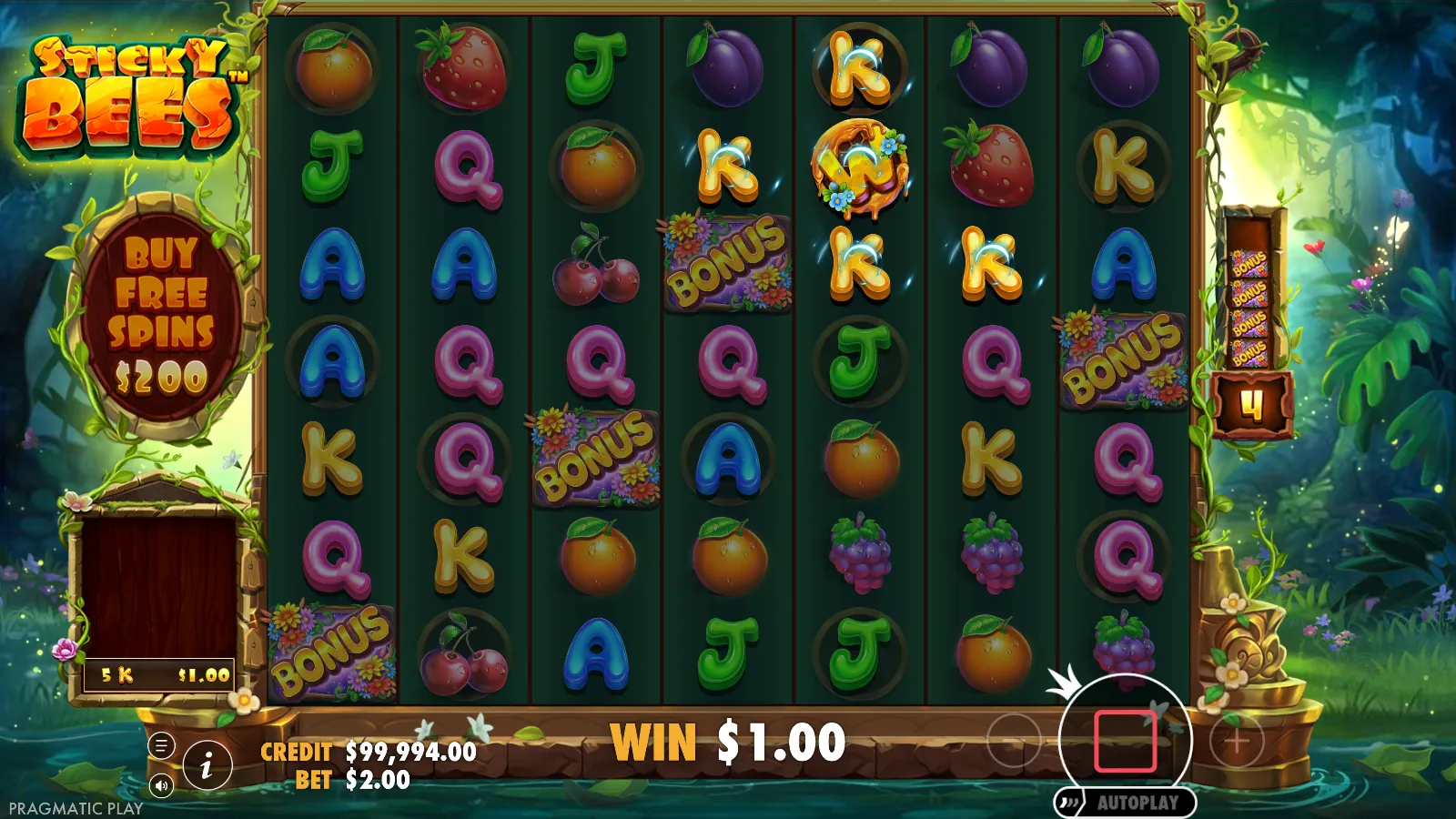 Sticky Bees reels showing four BONUS symbols, a honey-pot wild and a $1.00 win