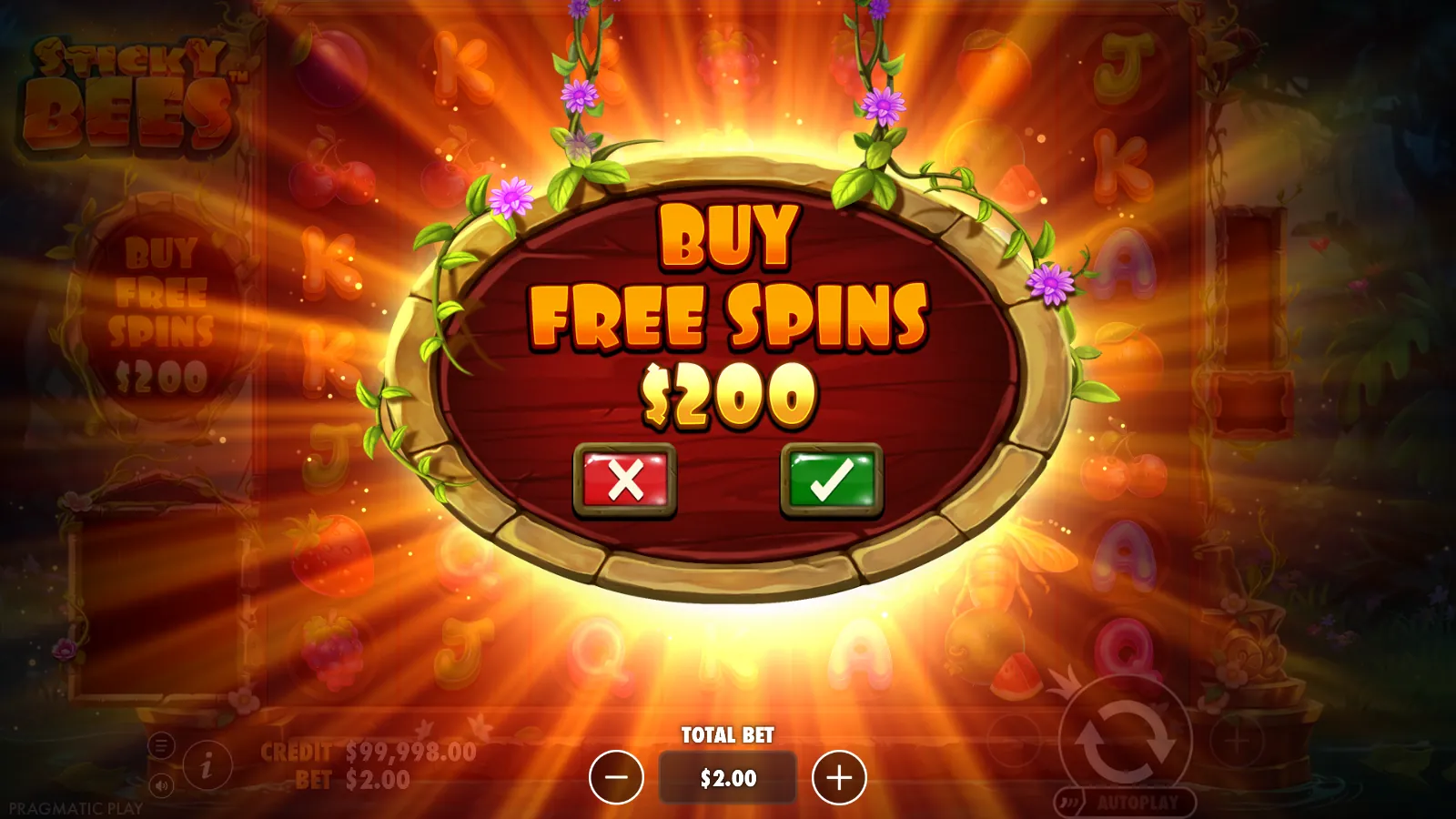 Sticky Bees Buy Free Spins dialog priced at $200