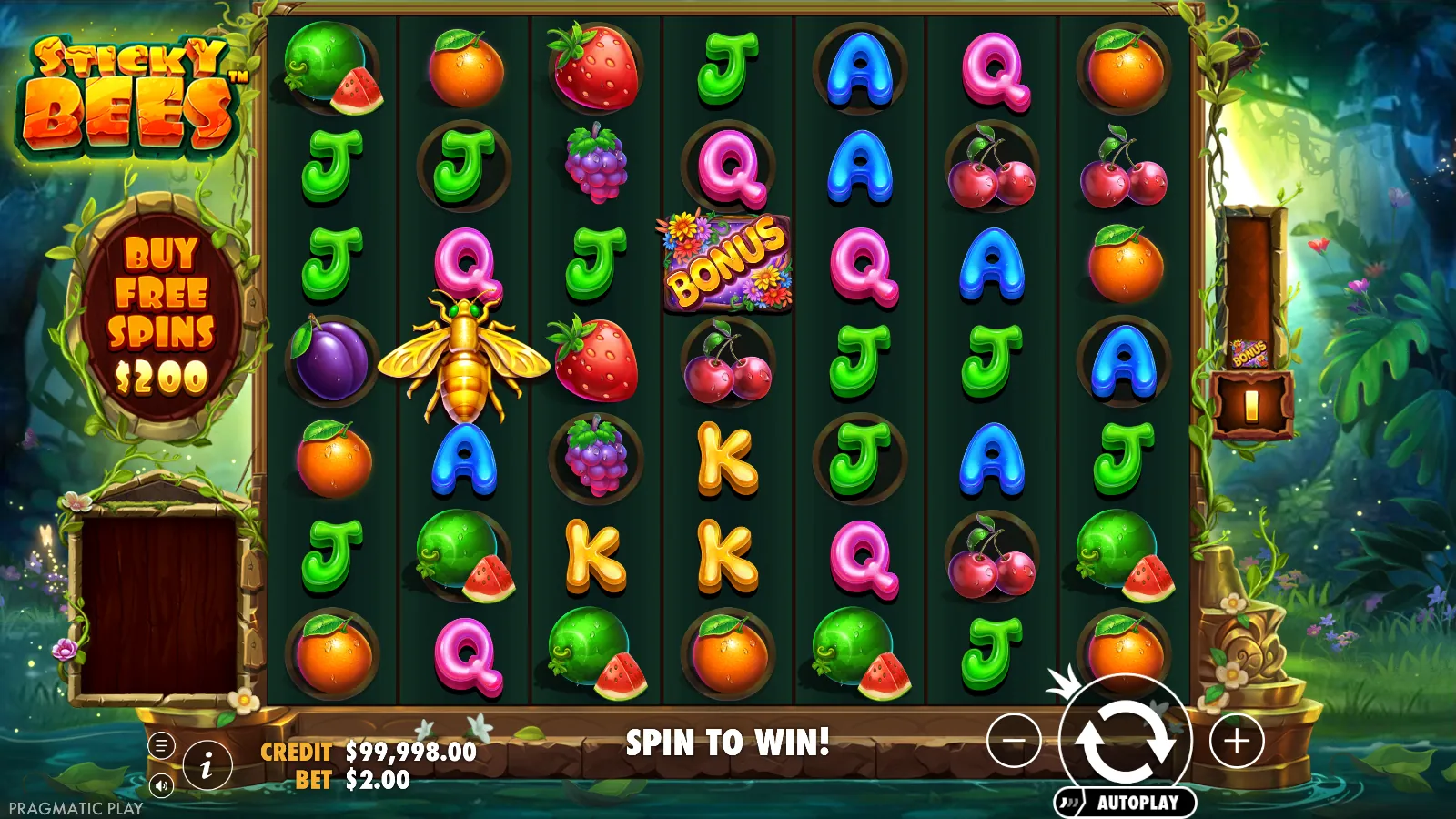 Sticky Bees 7x7 grid with the golden Super Wild bee on the second reel and one BONUS symbol on the fourth