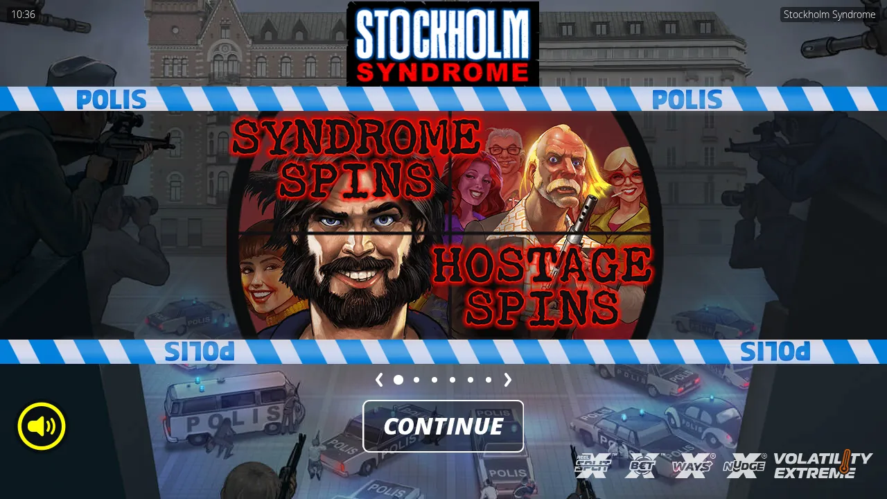 Stockholm Syndrome splash screen with the robber and hostages in a sniper scope between POLIS tape
