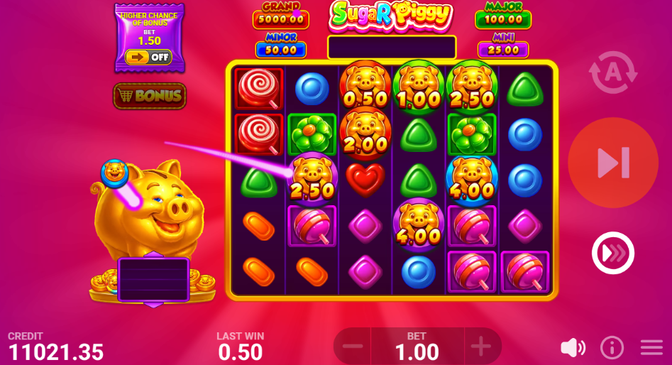 The golden pig firing an extra coin onto a main-game board that already holds seven pig coins