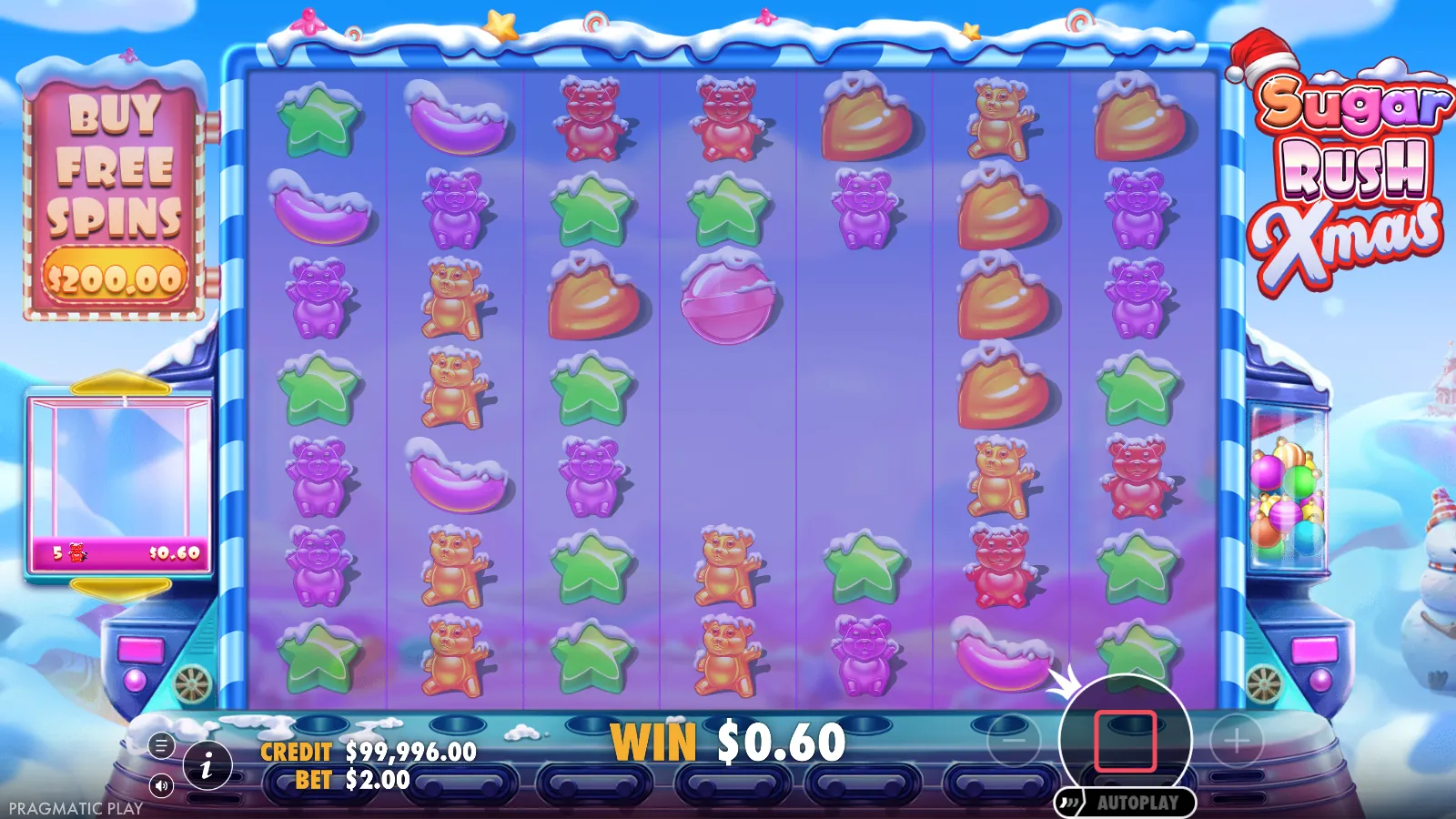 Sugar Rush Xmas mid-tumble with gaps on reels 3 to 5, win $0.60 and the stop button highlighted