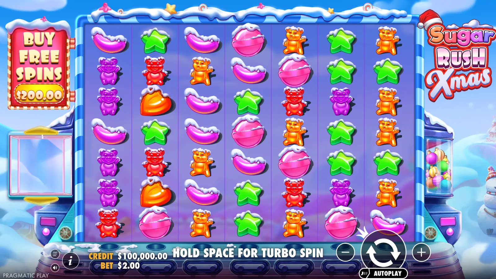 Sugar Rush Xmas 7x7 board of snow-capped candy symbols with the Buy Free Spins plaque at $200