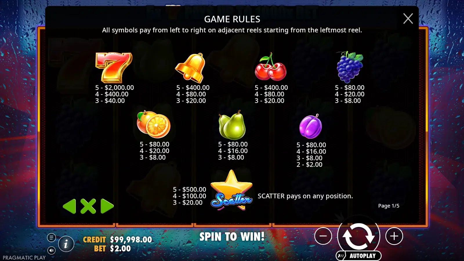 Super 7s pay screen showing values for the seven, bell, cherries, fruits and the scatter star